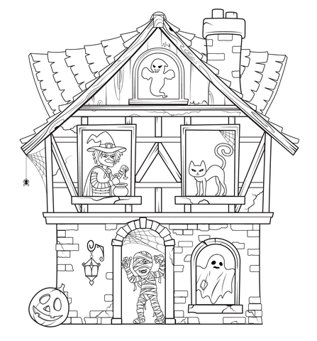 Haunted House With Halloween Characters Coloring Page